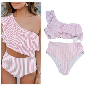 Pink & White Size Large Ruffle One Shoulder High Waist Bikini Bathing Swimsuit